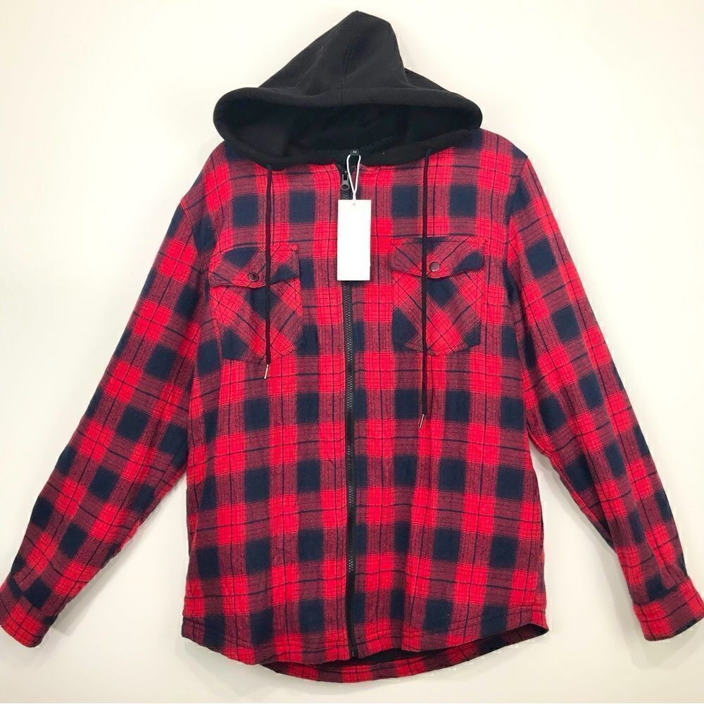 Zenthace Red Plaid Sherpa Fleece Lined Hooded Zip Up Jacket NEW - Picture 2 of 15